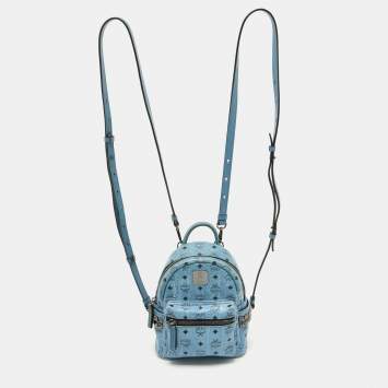 Pre Owned MCM Blue Visetos Coated Canvas and Leather Side Stud X-Mini Stark Bebe Boo Backpack