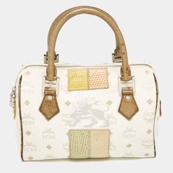 MCM White/Gold Visetos Coated Canvas and Lizard Embossed Leather Princess Lion Boston Bag