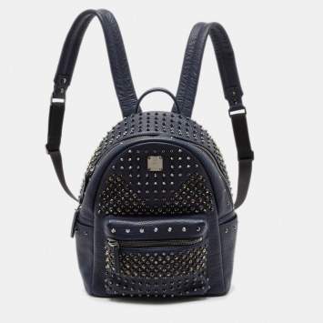 MCM Navy Blue Leather Diamond Studs Stark Backpack