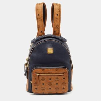 Pre Owned MCM Navy Blue/Tan Leather and Stark Visetos Coated Canvas Backpack