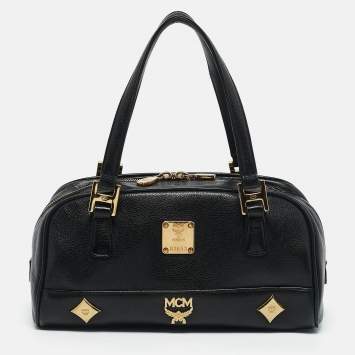 MCM Black Leather Studded Heritage Boston Bag
