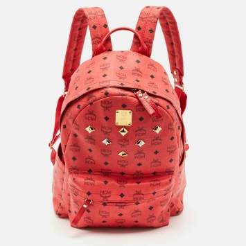Pre Owned MCM Red Visetos Coated Canvas Large Studded Stark Backpack  