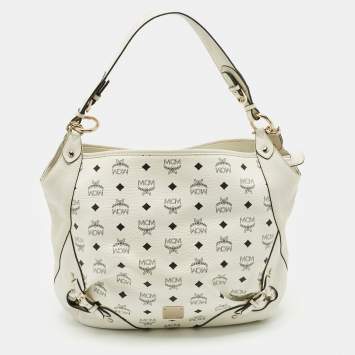 Pre Owned MCM White Visetos Coated Canvas and Leather Buckle Hobo