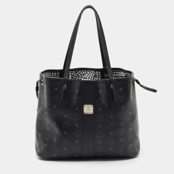 Pre Owned MCM Black Visetos Coated Canvas and Leather Medium Liz Reversible Shopper Tote