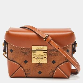 Pre Owned MCM Tan Visetos Coated Canvas and Leather Berlin Convertible Box Bag