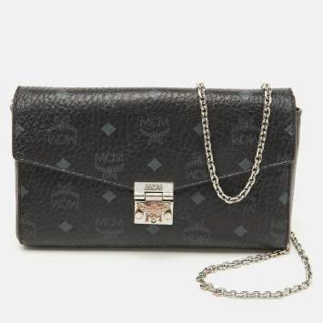Pre Owned MCM Black Visetos Coated Canvas Patricia Flap Shoulder Bag