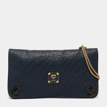 Pre Owned MCM Navy Blue/Brown Coated Raffia and Patent Leather Flap Shoulder Bag