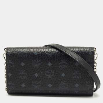 Pre Owned MCM Black Visetos Coated Canvas and Leather Trifold Wallet On Chain