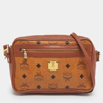 Pre Owned MCM Cognac Visetos Coated Canvas and Leather Front Zip Camera Bag