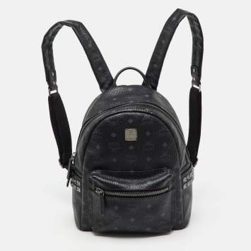 Pre Owned MCM Black Visetos Coated Canvas Small Stark Studded Backpack