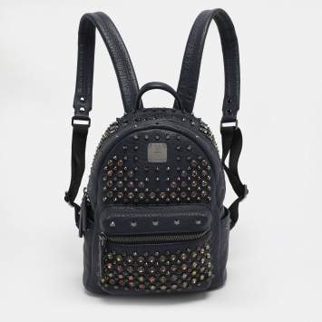 Pre Owned MCM Navy Blue Leather Diamond Studs Stark Backpack