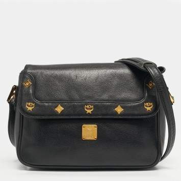Pre Owned MCM Logo Studded Black Leather Flap Shoulder Bag