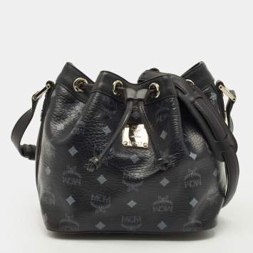 Pre Owned MCM Black Visetos Coated Canvas and Leather Drawstring Bucket Bag