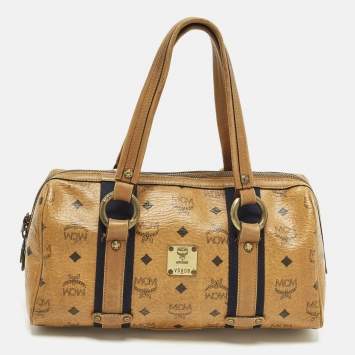 Pre Owned MCM Cognac Visetos Coated Canvas Boston Satchel