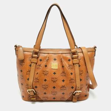 Pre Owned MCM Pleated Cognac Coated Canvas and Leather Tote