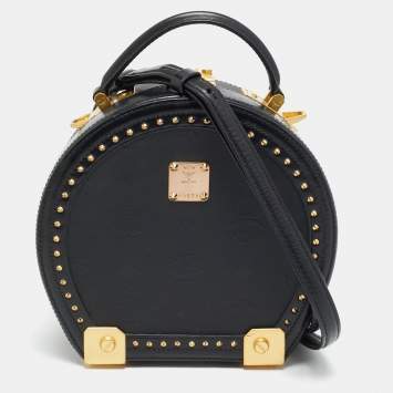 مملوكة مسبقًا MCM Black Studded Berlin Black Coated Canvas Round Bag
