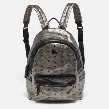 Pre Owned MCM Studs Stark Medium Silver/Black Visetos Coated Canvas Backpack