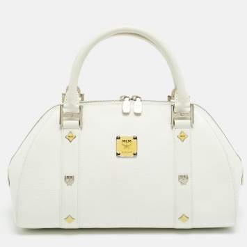 Pre Owned MCM Enamel Logo White Leather Zip Satchel