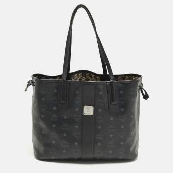 Pre Owned MCM Liz Reversible Black Visetos Coated Canvas and Fabric Tote