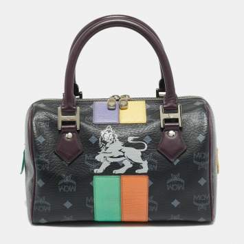 مملوكة مسبقًا MCM Lion Patchwork Black/Purple Visetos Coated Canvas Boston Bag