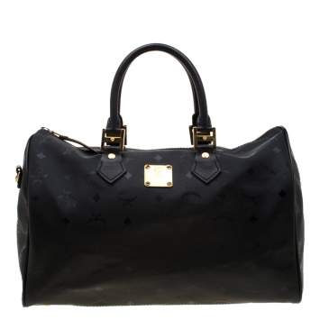 Pre Owned MCM Black Signature Visetos Nylon and Leather Heritage Boston Bag