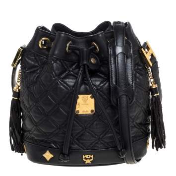 Pre Owned MCM Black Leather Drawstring Shoulder Bag