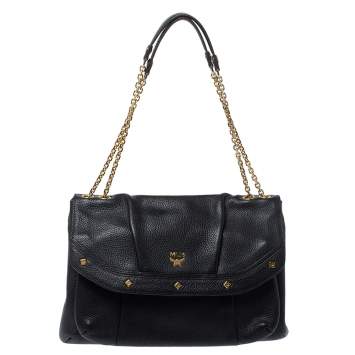 Pre Owned MCM Black Leather Studded Flap Shoulder Bag
