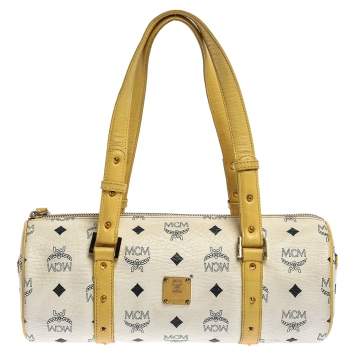 Pre Owned MCM White/Yellow Visetos Coated Canvas and Leather Mini Rolle Boston Bag