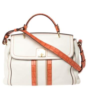 Pre Owned MCM White/Orange Leather and Croc Embossed Leather Flap Top Handle Bag