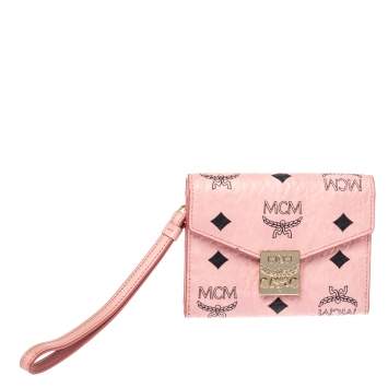 Pre Owned MCM Cognac Pink Visetos Coated Canvas Flap Wristlet Wallet
