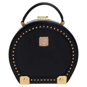 Pre Owned MCM Black Coated Canvas and Leather Berlin Studded Round Bag