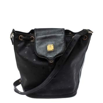 Pre Owned MCM Black Signature Nylon and Leather Drawstring Flap Bucket Bag