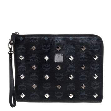 Pre Owned MCM Black Visetos Coated Canvas Studded Wristlet Clutch