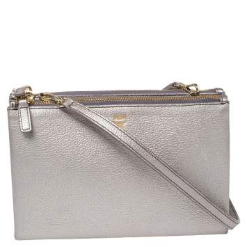 Pre Owned MCM Metallic Lilac Leather Milla Double Zip Crossbody Bag