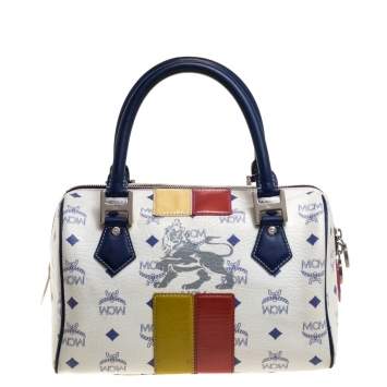 Pre Owned MCM White/Blue Visetos Princess Lion Coated Canvas and Leather Boston Bag