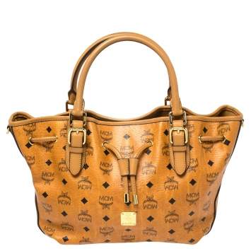 Pre Owned MCM Brown Cognac Visetos Coated Canvas Drawstring Bucket Bag