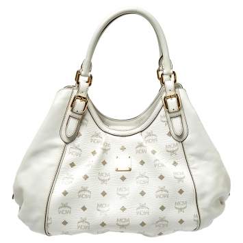 Pre Owned MCM White Visetos Coated Canvas and Leather Shoulder Bag