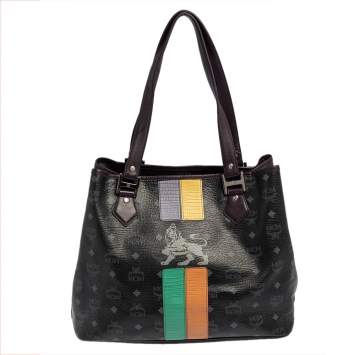 Pre Owned MCM Black Visetos Coated Canvas and Leather Medium Princess Lion Shopper Tote