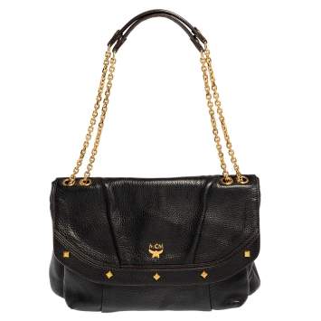 Pre Owned MCM Black Leather Studded Flap Shoulder Bag