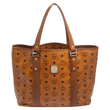 Pre Owned MCM Cognac Visetos Coated Canvas and Leather Shopper Tote