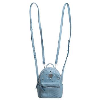 Pre Owned MCM Sky Blue Studded Leather Mini Stark Bebe Boo Backpack