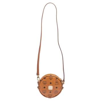Pre Owned MCM Cognac Visetos Coated Canvas Heritage Tambourine Shoulder Bag