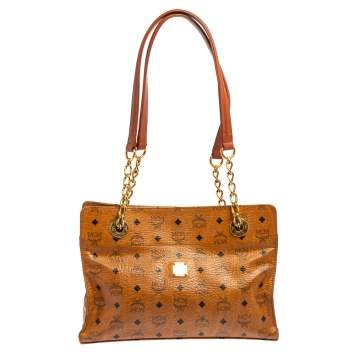 Pre Owned MCM Cognac Visetos Coated Canvas and Leather Chain Tote