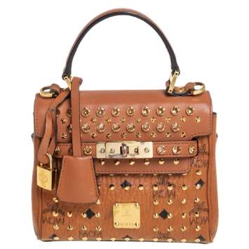 Pre Owned MCM Brown Visetos Coated Canvas and Leather Embellished Mini Heritage Top Handle Bag