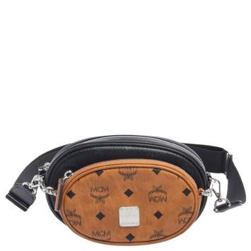 Pre Owned MCM Black/Cognac Visetos Coated Canvas Essential Multifunction Crossbody Bag