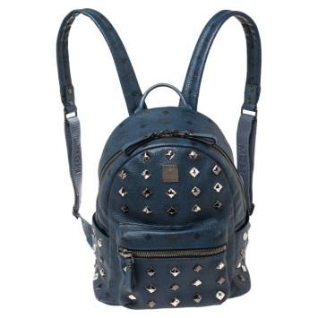 Pre Owned MCM Blue Visetos Coated Canvas and Leather Small Studs Stark Backpack