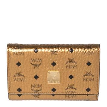 Pre Owned MCM Metallic Bronze Visetos Coated Canvas Trifold Compact Wallet