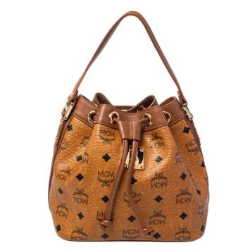 Pre Owned MCM Cognac Visetos Coated Canvas Heritage Drawstring Bucket Bag