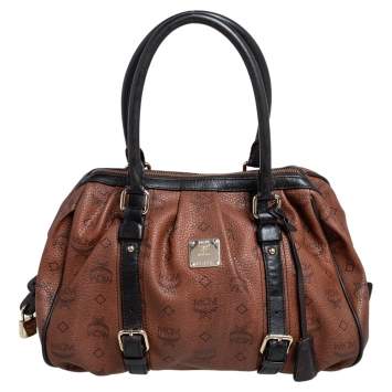 Pre Owned MCM Brown/Black Visetos Coated Canvas and Leather Buckle Satchel