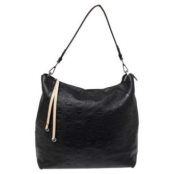 Pre Owned MCM Black Visetos Embossed Leather Zip Hobo 